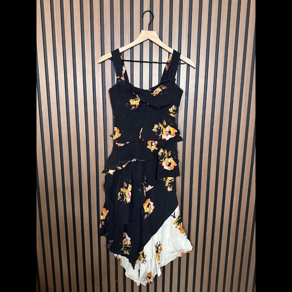 A.L.C. Natalia Dress 0 / XS Womens Black Floral Ruffled Trim Midi 100% Silk